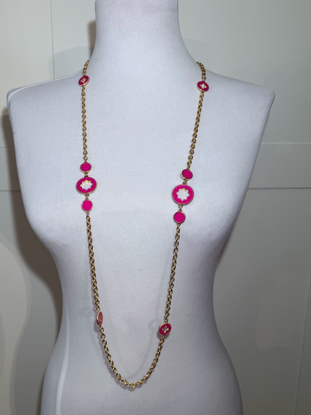 crown & ivy Pink Enamel and Gold-Tone Long Necklace with Matching Clip Earrings